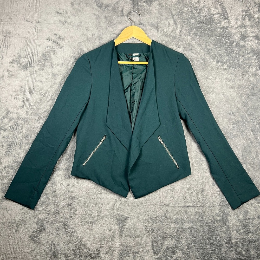 H&M Divided Blazer Jacket Womens 6 Dark Green Draped Lapel Open Front Business